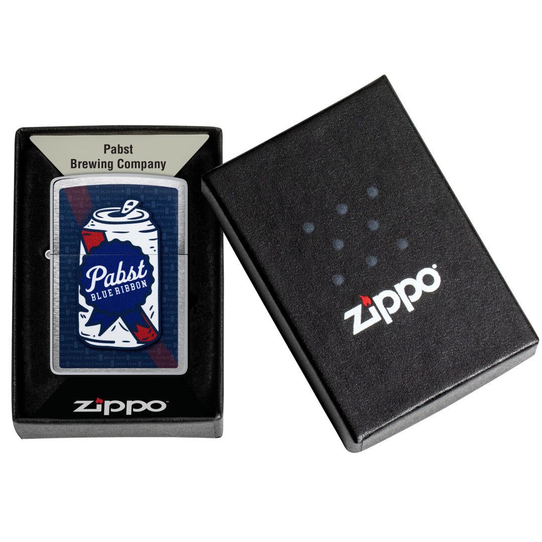 Zippo Pabst Blue Ribbon® Can Art Design Brushed Chrome Windproof Lighter in its packaging.