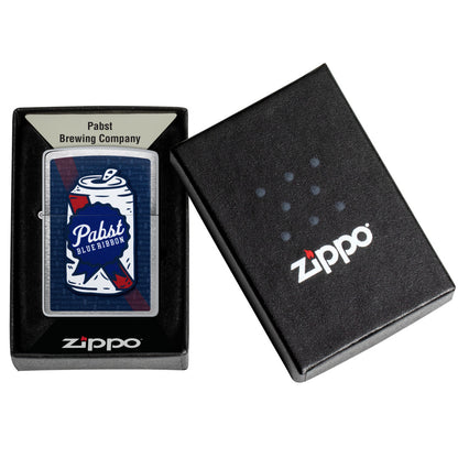 Zippo Pabst Blue Ribbon® Can Art Design Brushed Chrome Windproof Lighter in its packaging.