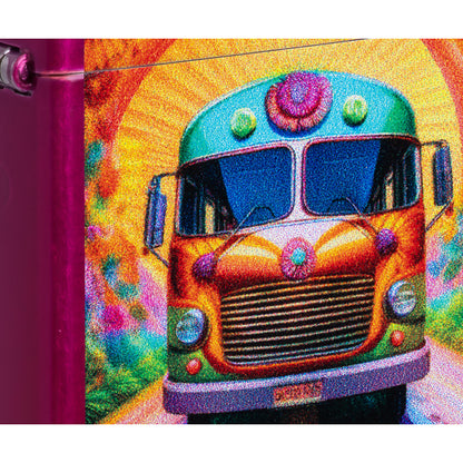 Front view of Zippo Party Bus Design Candy Raspberry Windproof Lighter close up to show the detail of the lighter.
