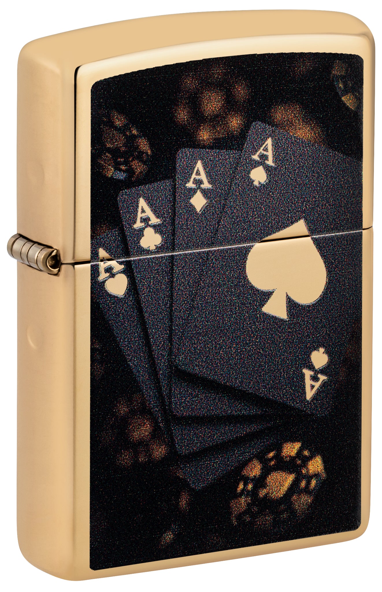 Front shot of Zippo Lucky Aces Design High Polish Brass standing at a 3/4 angle.
