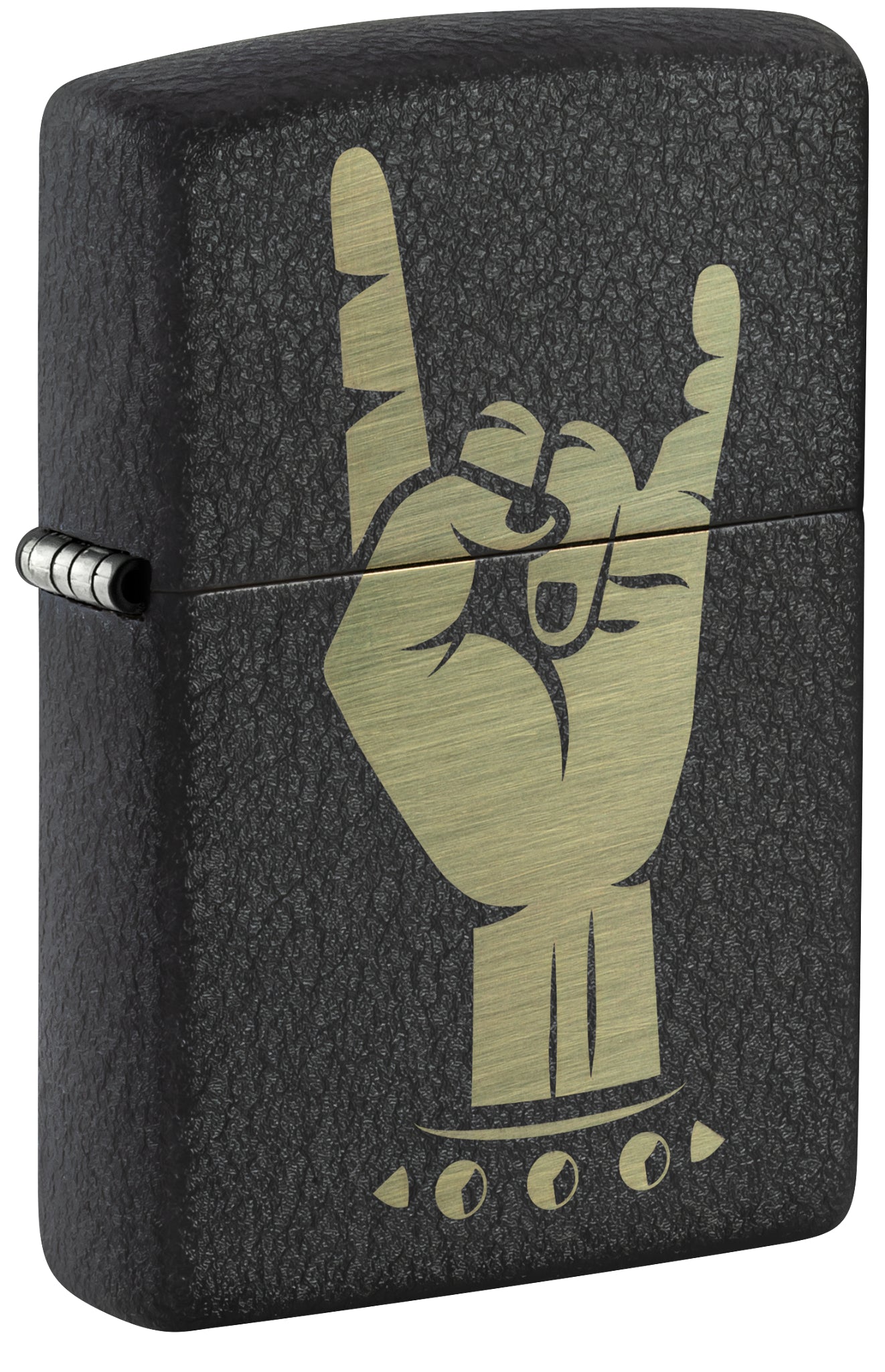Front shot of Zippo Rock On Design Black Crackle® Windproof Lighter standing at a 3/4 angle.