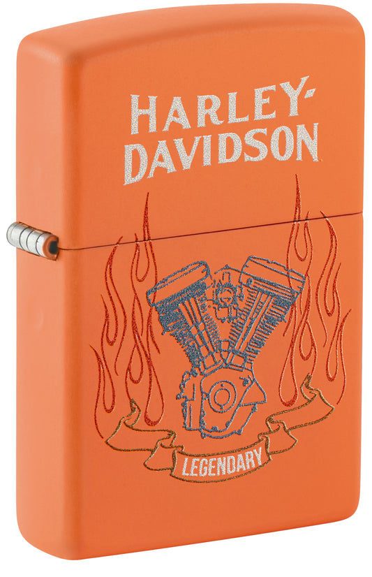 Front shot of Zippo Harley-Davidson® Legendary Design Orange Matte Windproof Lighter standing at a 3/4 angle.