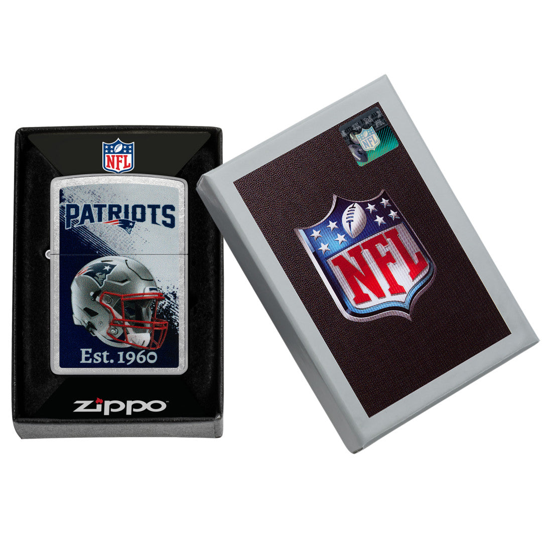Zippo NFL New England Patriots Helmet Design Street Chrome Windproof Lighter in its packaging.