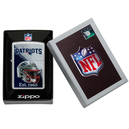Zippo NFL New England Patriots Helmet Design Street Chrome Windproof Lighter in its packaging.
