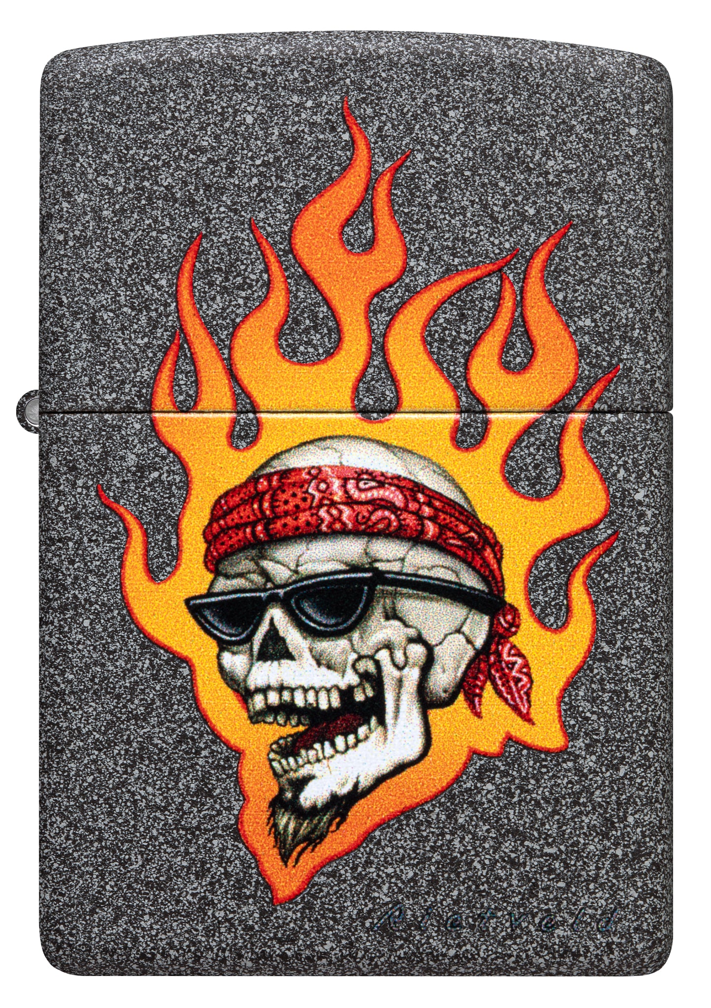 Front view of Zippo Rietveld Flaming Skull Design Iron Stone Windproof Lighter.