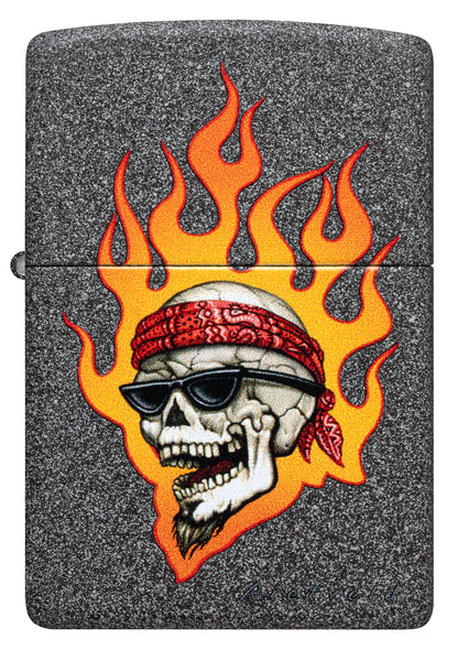 Front view of Zippo Rietveld Flaming Skull Design Iron Stone Windproof Lighter.