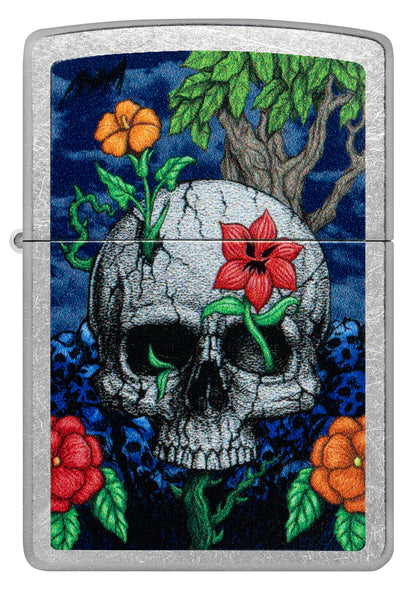 Front view of Zippo Skull Sprout Design Street Chrome Windproof Lighter.