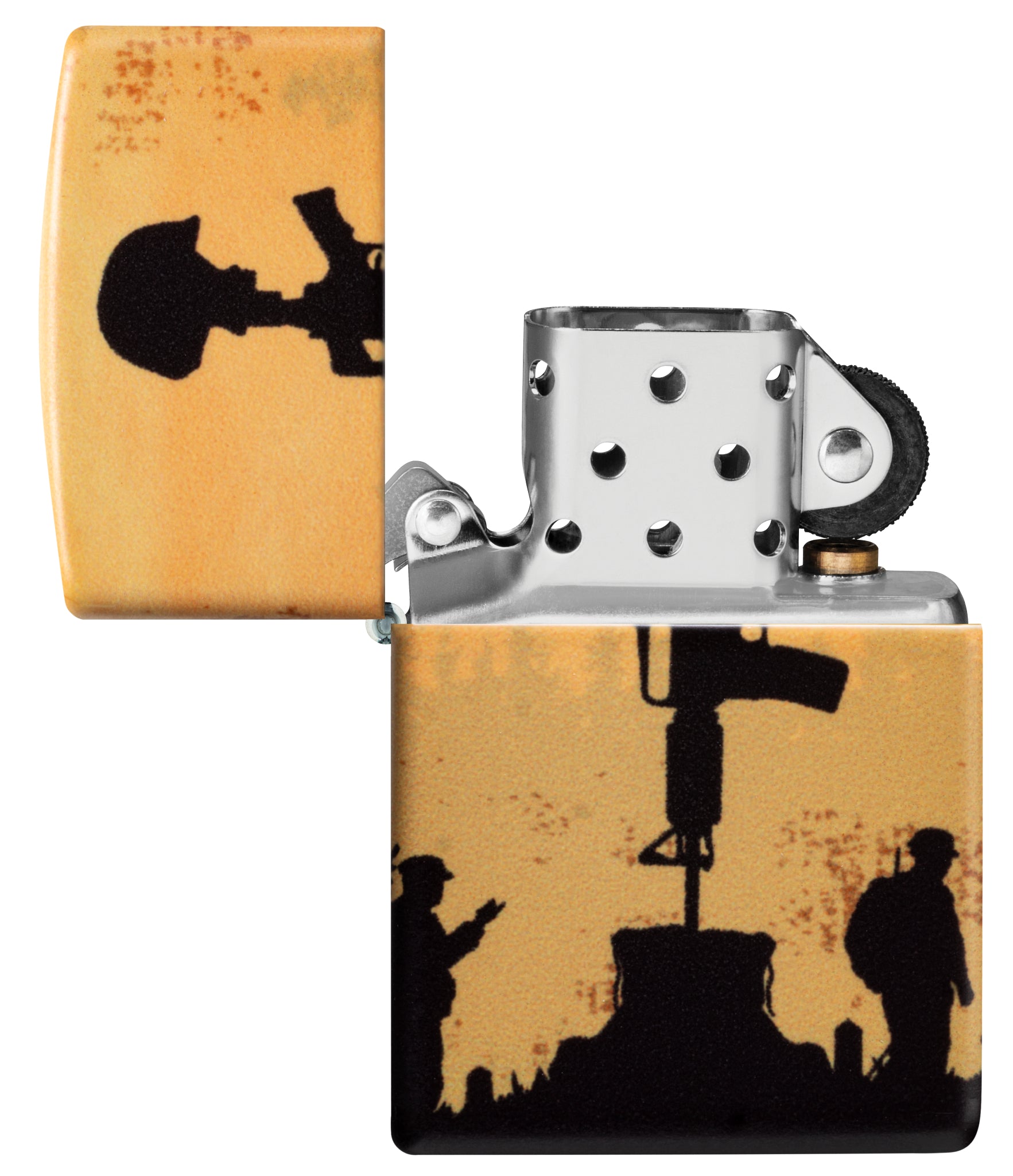 Zippo 2025 Veterans Day Commemorative 540 Matte Windproof Lighter with its lid open and unlit.