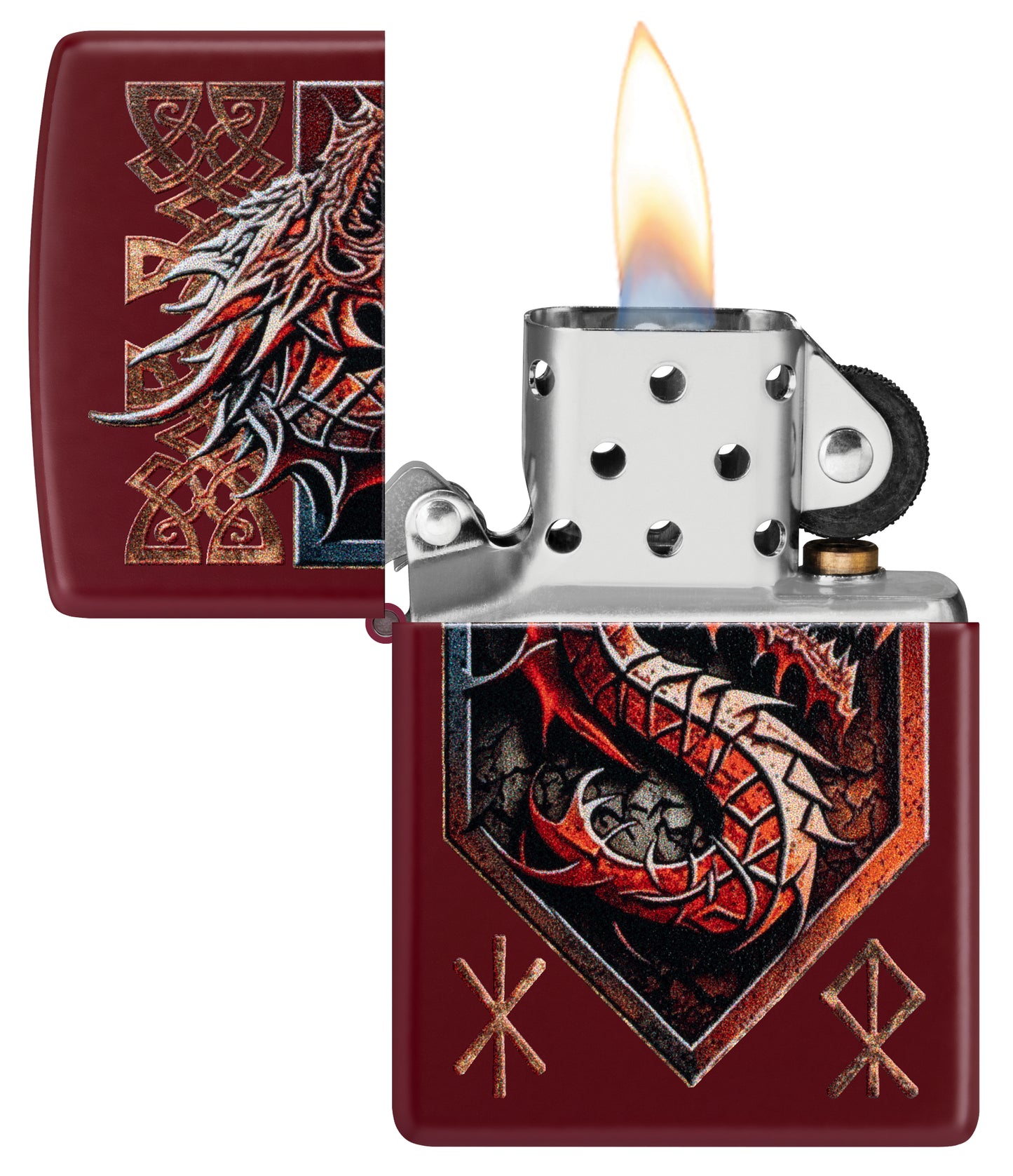 Zippo Dragon Shield Design Merlot Windproof Lighter with its lid open and lit.