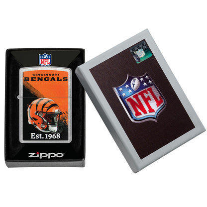 Zippo NFL Cincinnati Bengals Helmet Design Street Chrome Windproof Lighter in its packaging.