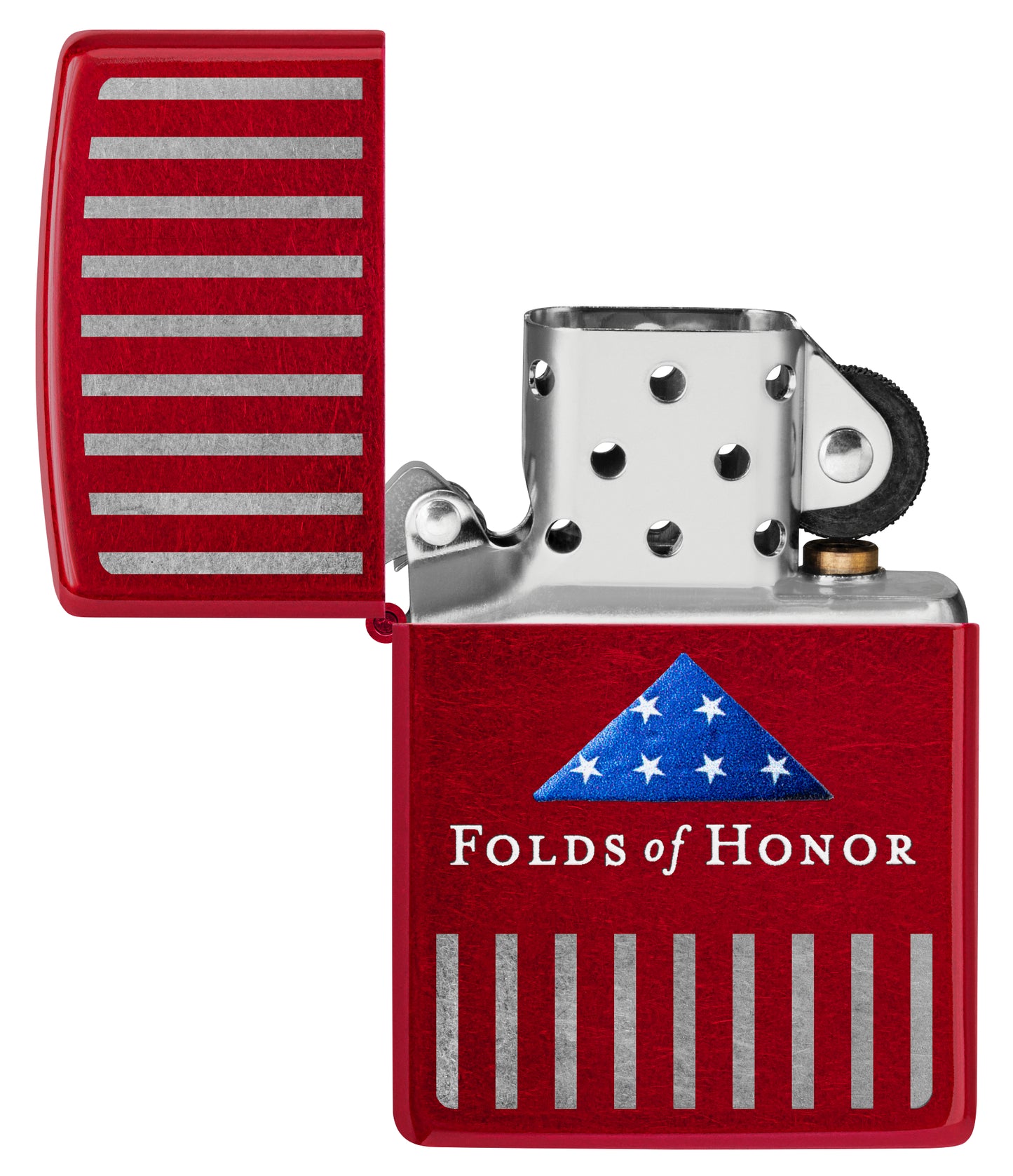 Zippo Folds of Honor Pinstripes Design Candy Apple Red Windproof Lighter with its lid open and unlit.