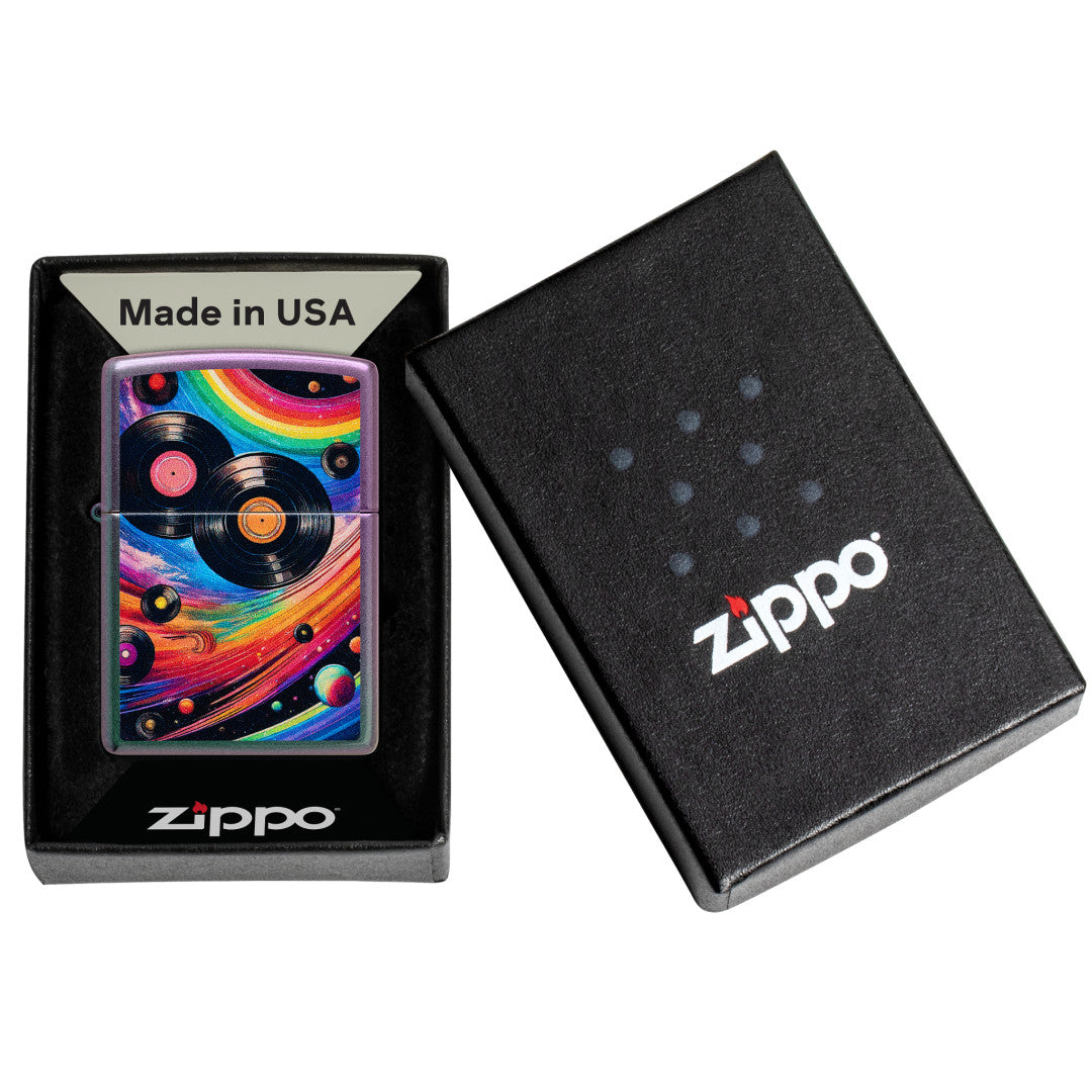 Zippo Rainbow Records Design Iridescent Windproof Lighter in its packaging.