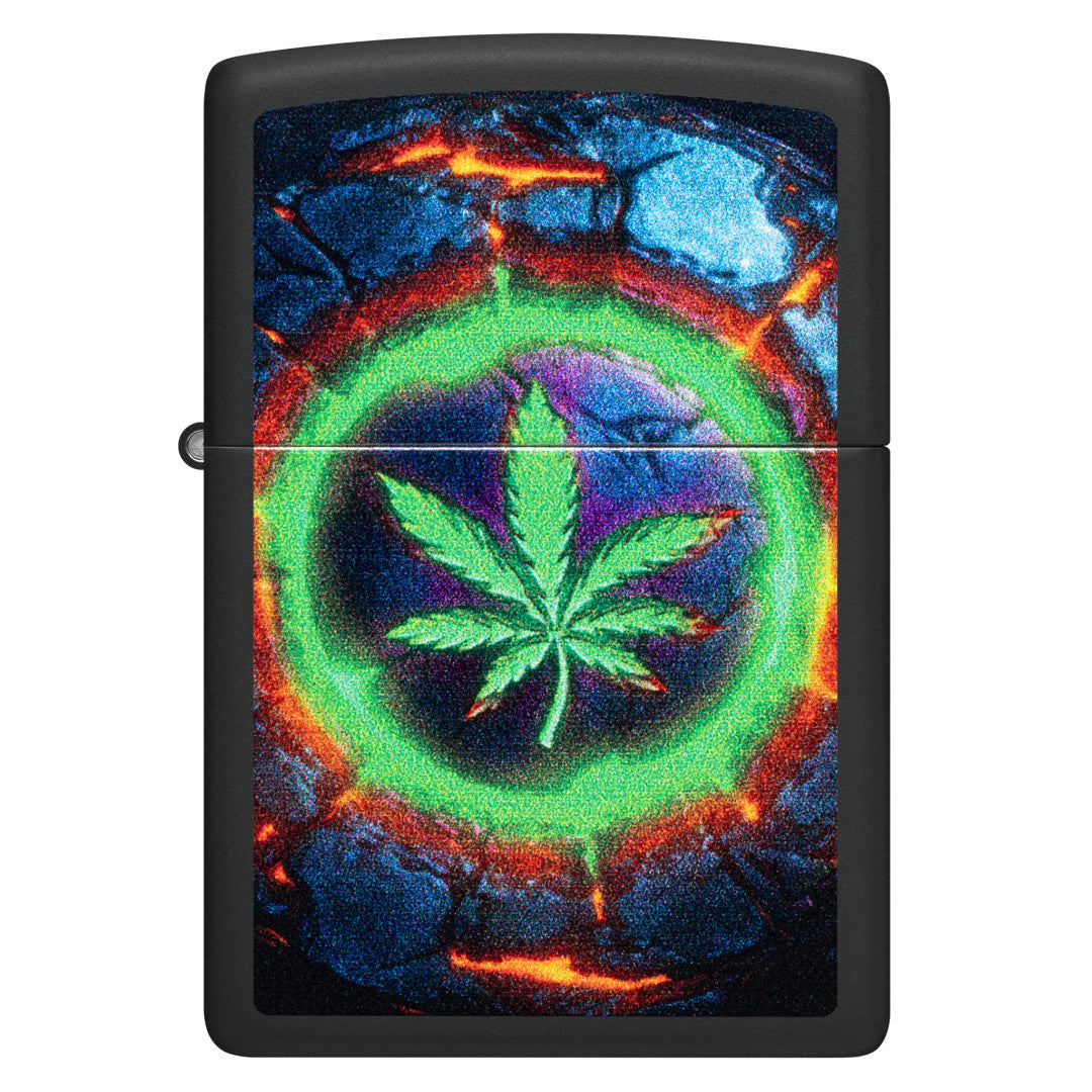 Front view of Zippo Lava Leaf Design Black Matte Windproof Lighter.