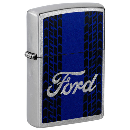 Front shot of Zippo Ford Racing Stripes Design Street Chrome Windproof Lighter standing at a 3/4 angle.