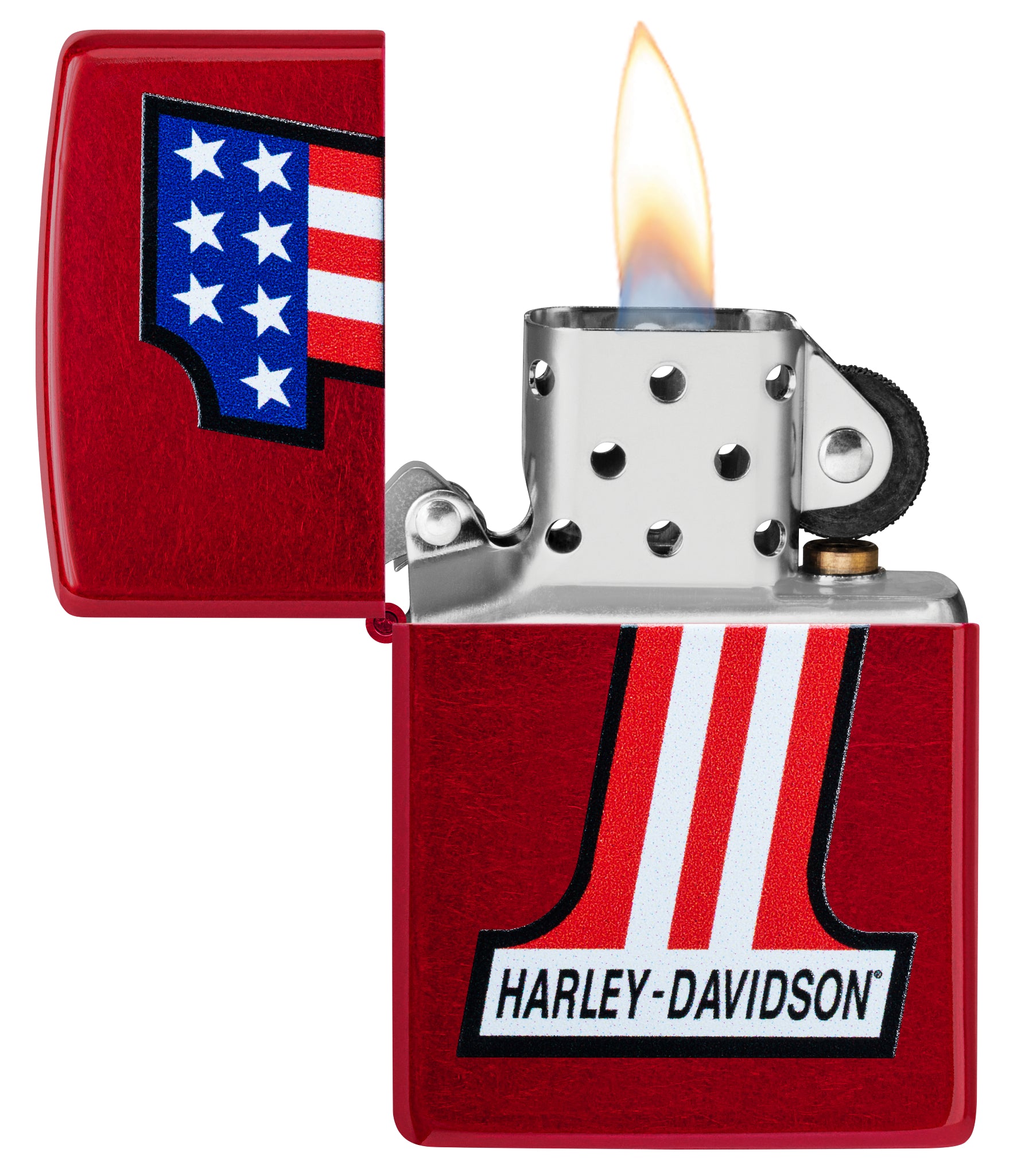 Zippo Harley-Davidson® #1 Logo Design Candy Apple Red Windproof Lighter with its lid open and lit.