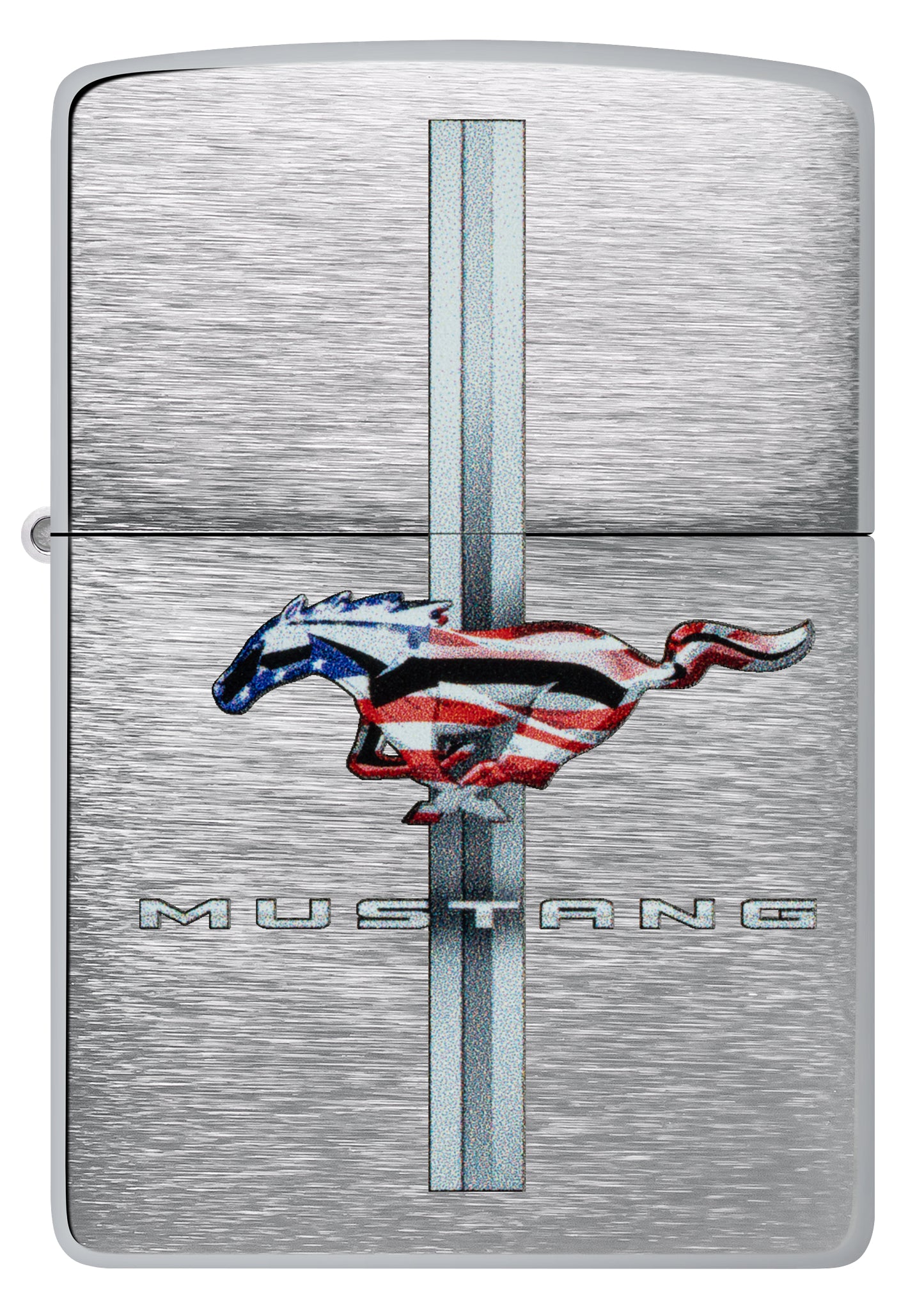 Front view of Zippo Ford Mustang Design Brushed Chrome Windproof Lighter.