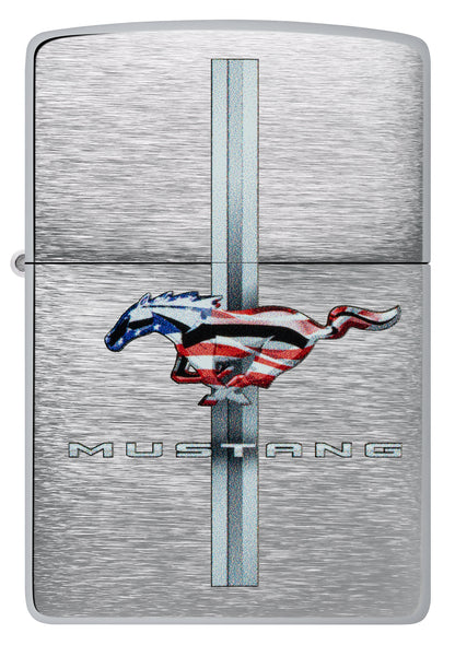 Front view of Zippo Ford Mustang Design Brushed Chrome Windproof Lighter.