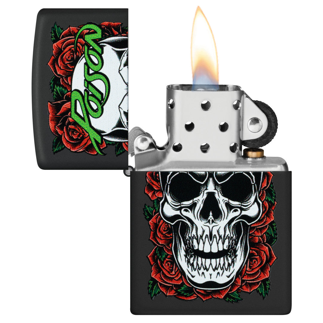 Zippo Poison Skull and Roses Design Black Matte Windproof Lighter with its lid open and lit.