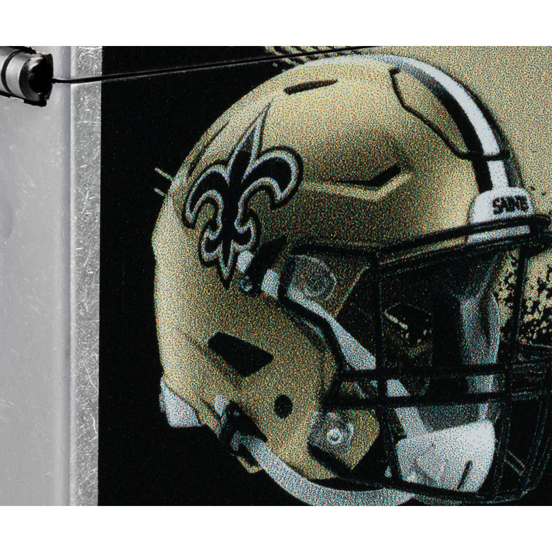 Front view of Zippo NFL New Orleans Saints Helmet Design Street Chrome Windproof Lighter close up to show the detail of the lighter.