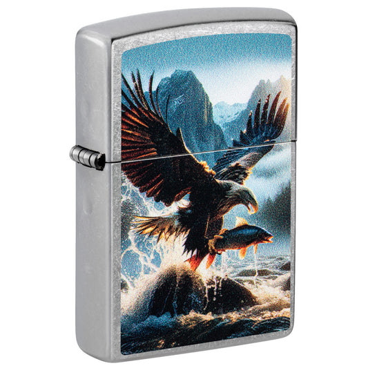 Front shot of Zippo Catch of the Day Design Street Chrome Windproof Lighter standing at a 3/4 angle.