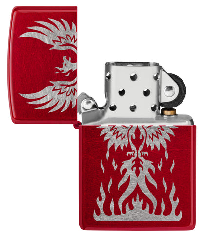 Zippo Phoenix Rising Design Candy Apple Red Windproof Lighter with its lid open and unlit.