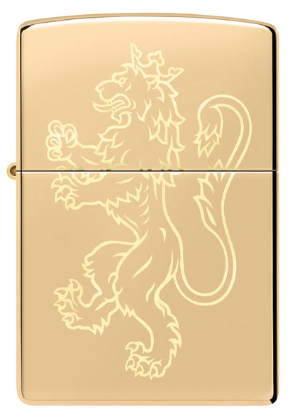 Front view of Zippo Fighting Lion Design High Polish Brass Windproof Lighter.