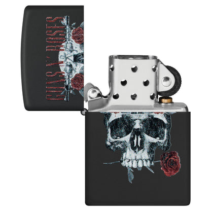 Zippo Guns N' Roses Flower Skull Design Black Matte Windproof Lighter with its lid open and unlit.