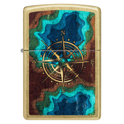 Front view of Zippo Topo Compass Design Street Brass Windproof Lighter.