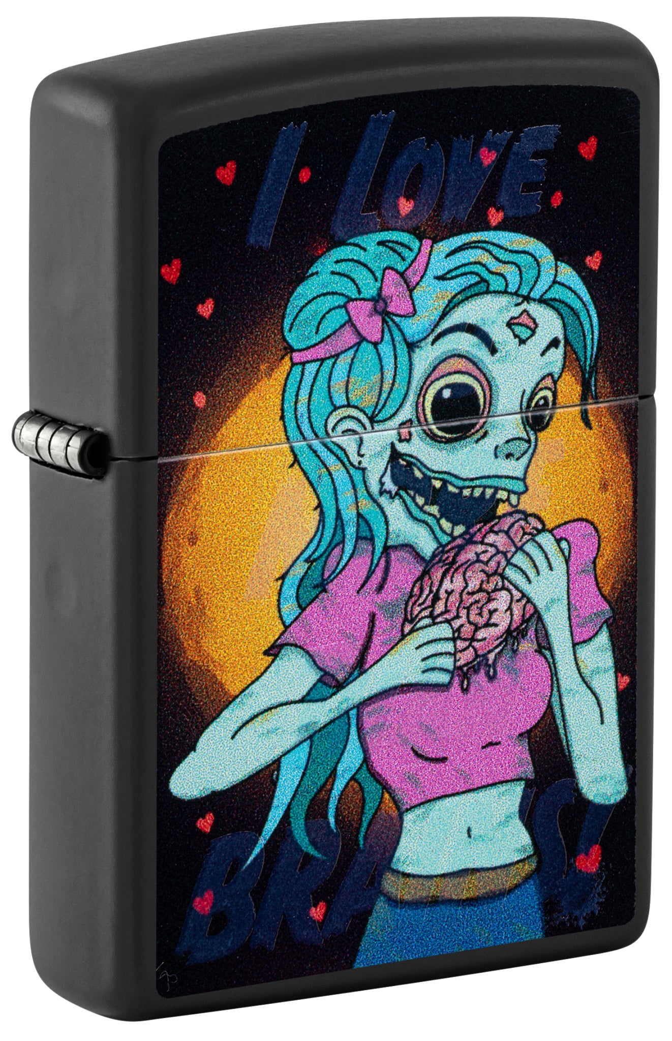 Front shot of Zippo Black Light Brainiac Design Black Matte Windproof Lighter standing at a 3/4 angle.