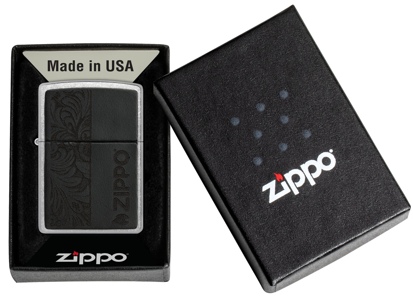 Zippo Black Leather Emblem - Zippo Design Street Chrome Windproof Lighter in its packaging.