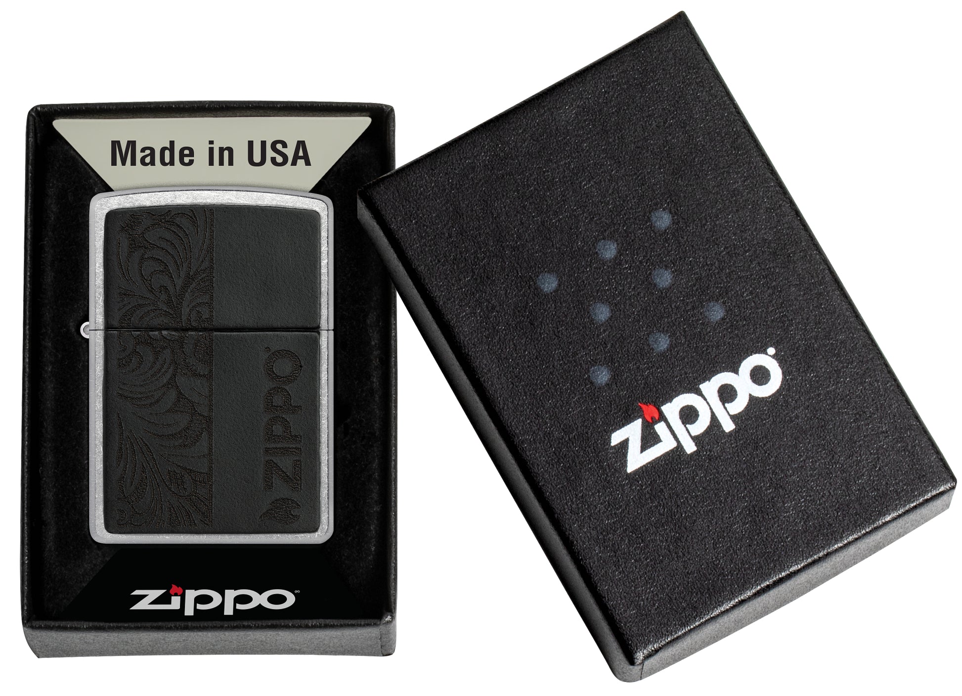 Zippo Black Leather Emblem - Zippo Design Street Chrome Windproof Lighter in its packaging.