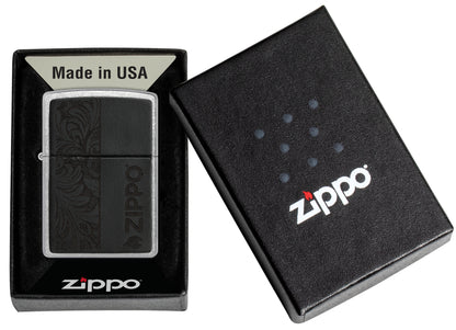 Zippo Black Leather Emblem - Zippo Design Street Chrome Windproof Lighter in its packaging.