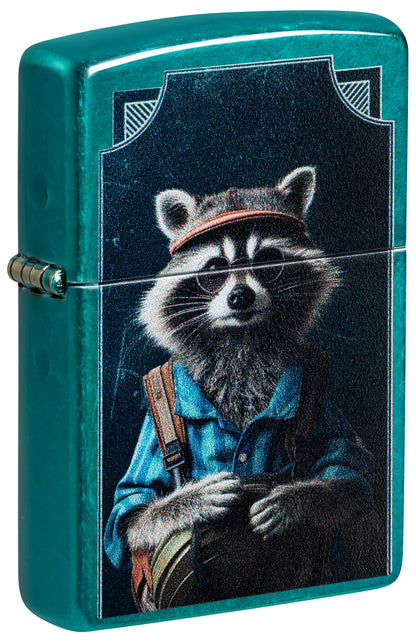 Front shot of Zippo Refined Raccoon Design Translucent Candy Teal Windproof Lighter standing at a 3/4 angle.