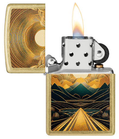 Zippo Through the Mountains Design Windproof Lighter with its lid open and lit.