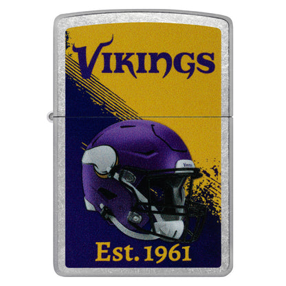 Front view of Zippo NFL Minnesota Vikings Helmet Design Street Chrome Windproof Lighter.