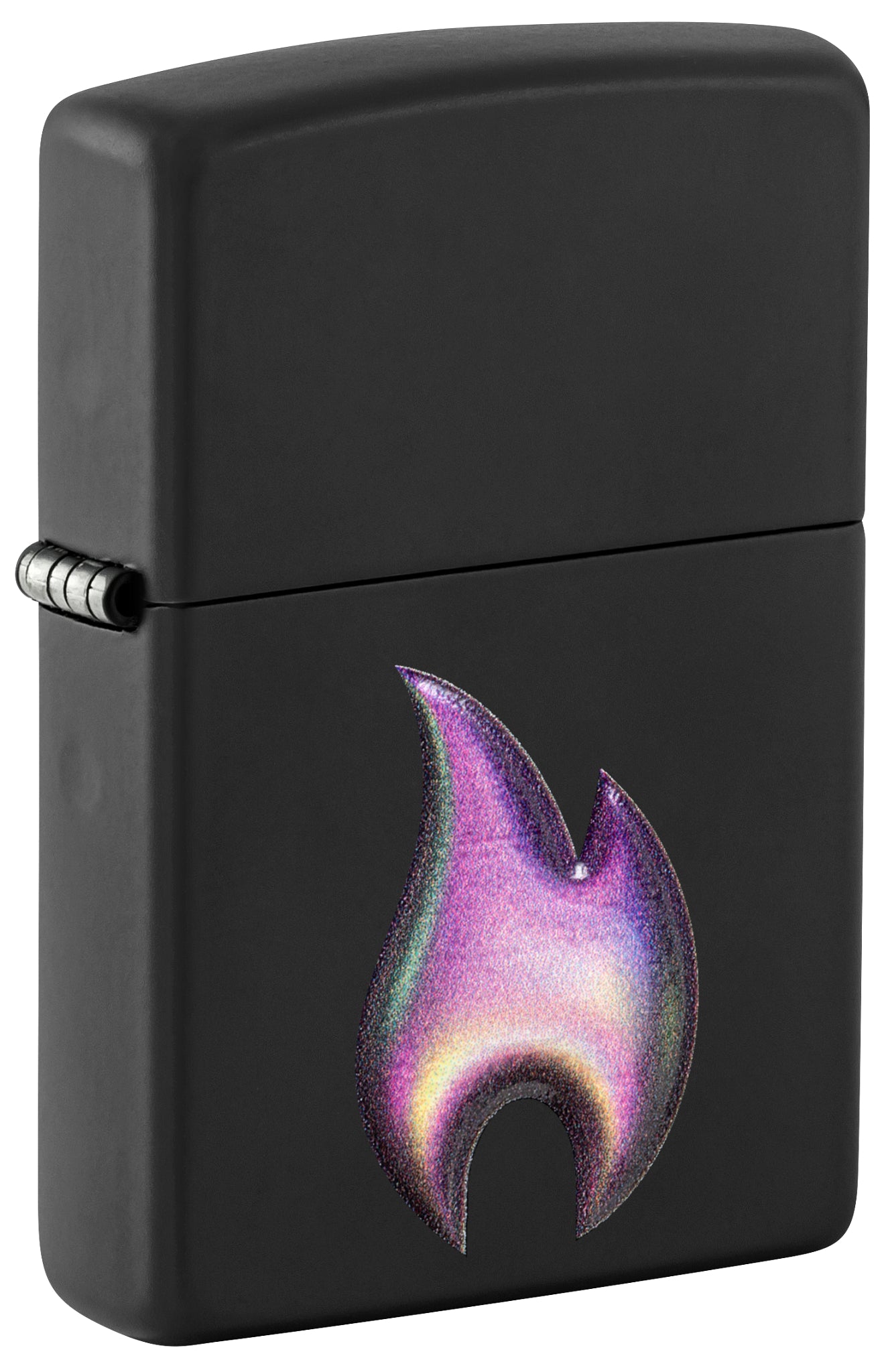 Front shot of Zippo Texture Flame Design Black Matte Windproof Lighter standing at a 3/4 angle.