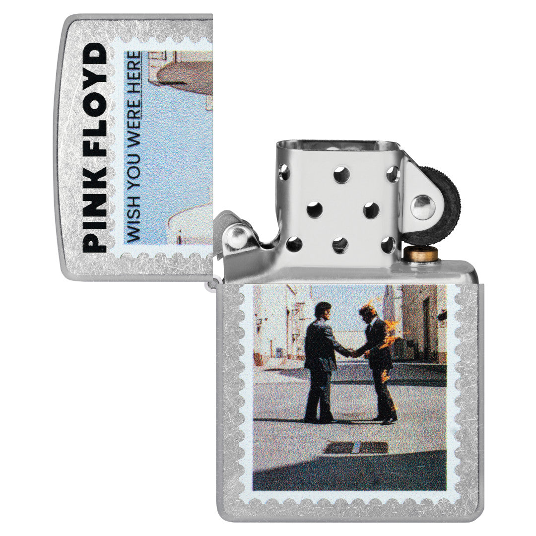 Zippo Pink Floyd Wish You Were Here Design Street Chrome Windproof Lighter with its lid open and unlit.