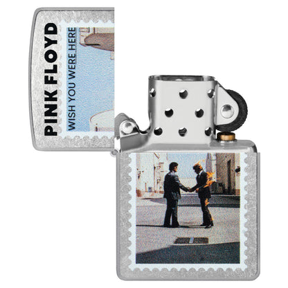 Zippo Pink Floyd Wish You Were Here Design Street Chrome Windproof Lighter with its lid open and unlit.