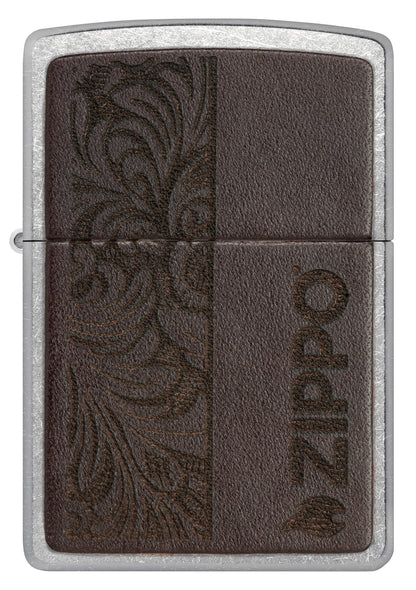 Front view of Zippo Brown Leather Emblem - Zippo Design Street Chrome Windproof Lighter.