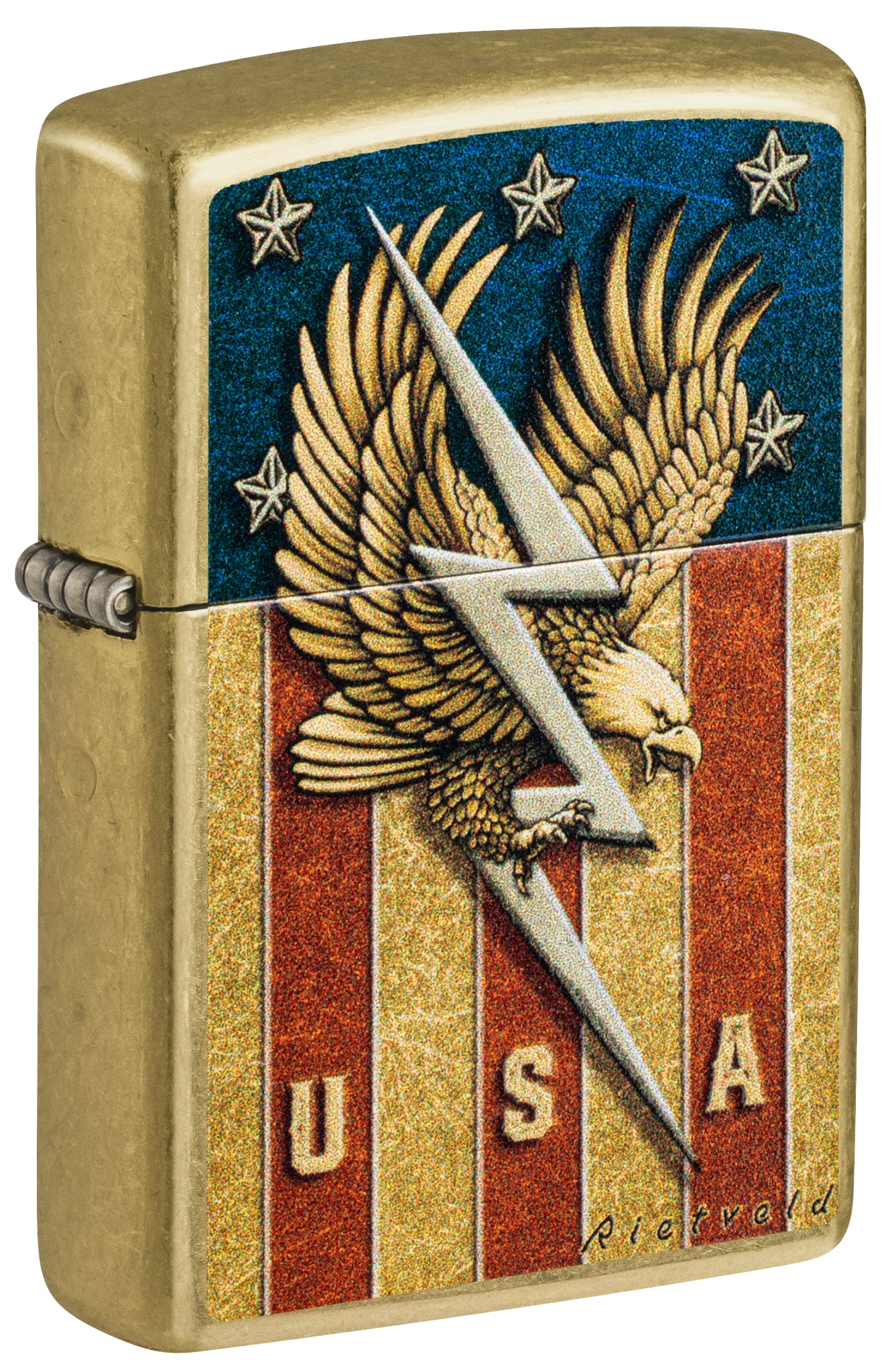 Front shot of Zippo Rietveld USA Design Street Brass Windproof Lighter standing at a 3/4 angle.