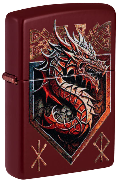 Front shot of Zippo Dragon Shield Design Merlot Windproof Lighter standing at a 3/4 angle.