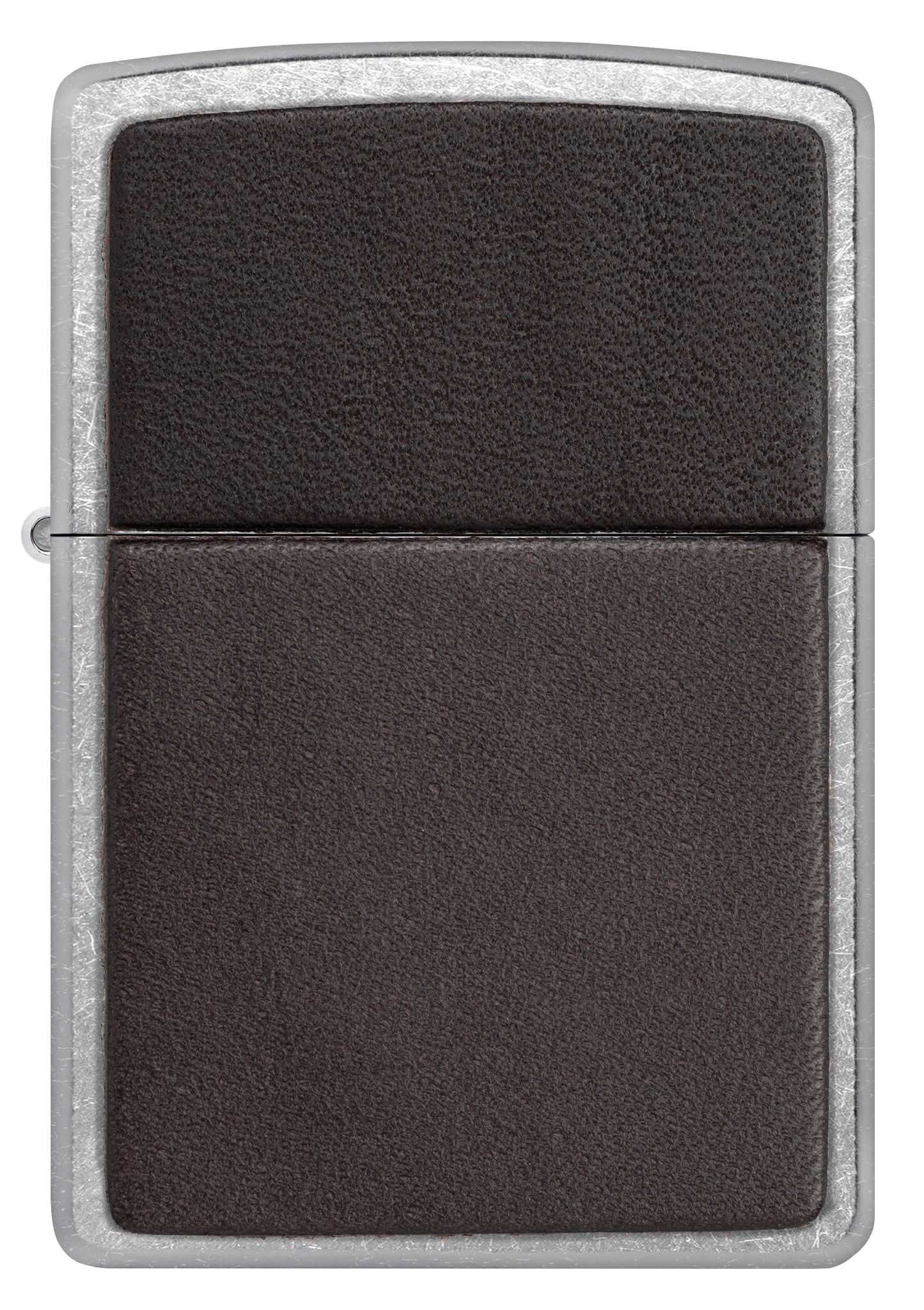 Front view of Zippo Brown Leather Emblem Street Chrome Windproof Lighter.