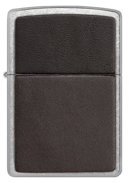 Front view of Zippo Brown Leather Emblem Street Chrome Windproof Lighter.
