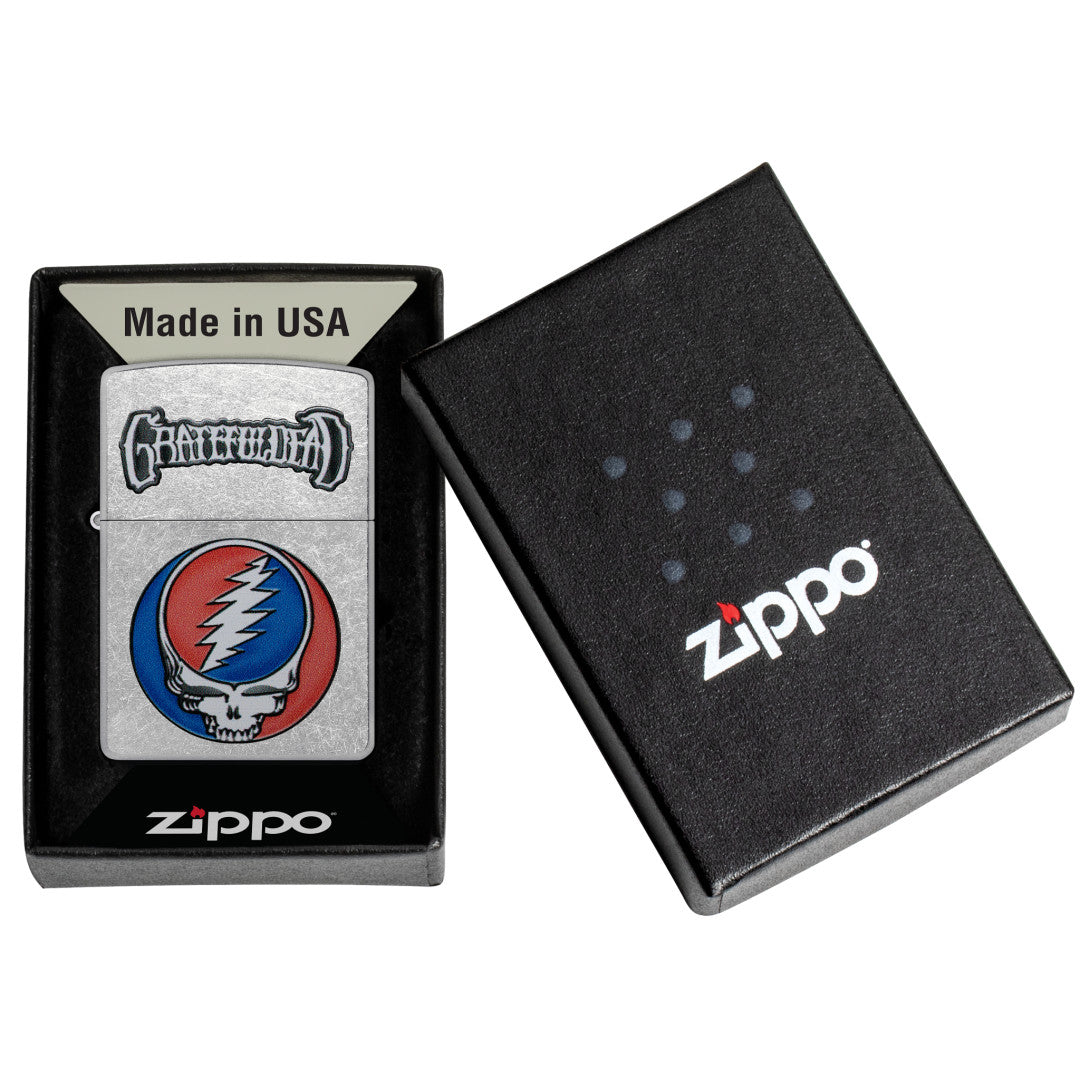 Zippo Grateful Dead Steal Your Face Design Street Chrome Windproof Lighter in its packaging.