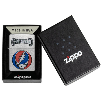 Zippo Grateful Dead Steal Your Face Design Street Chrome Windproof Lighter in its packaging.