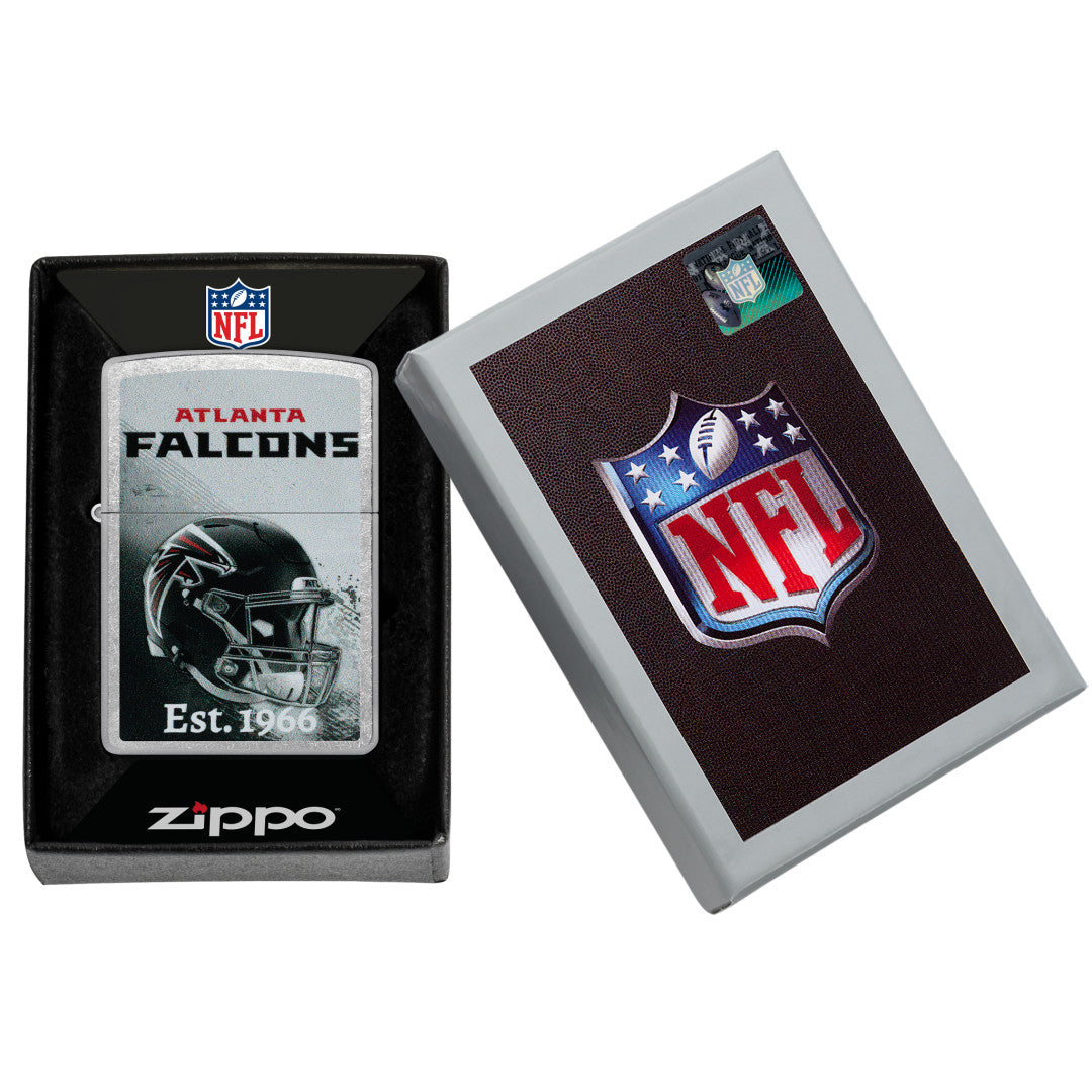 Zippo NFL Atlanta Falcons Helmet Design Street Chrome Windproof Lighter in its packaging.
