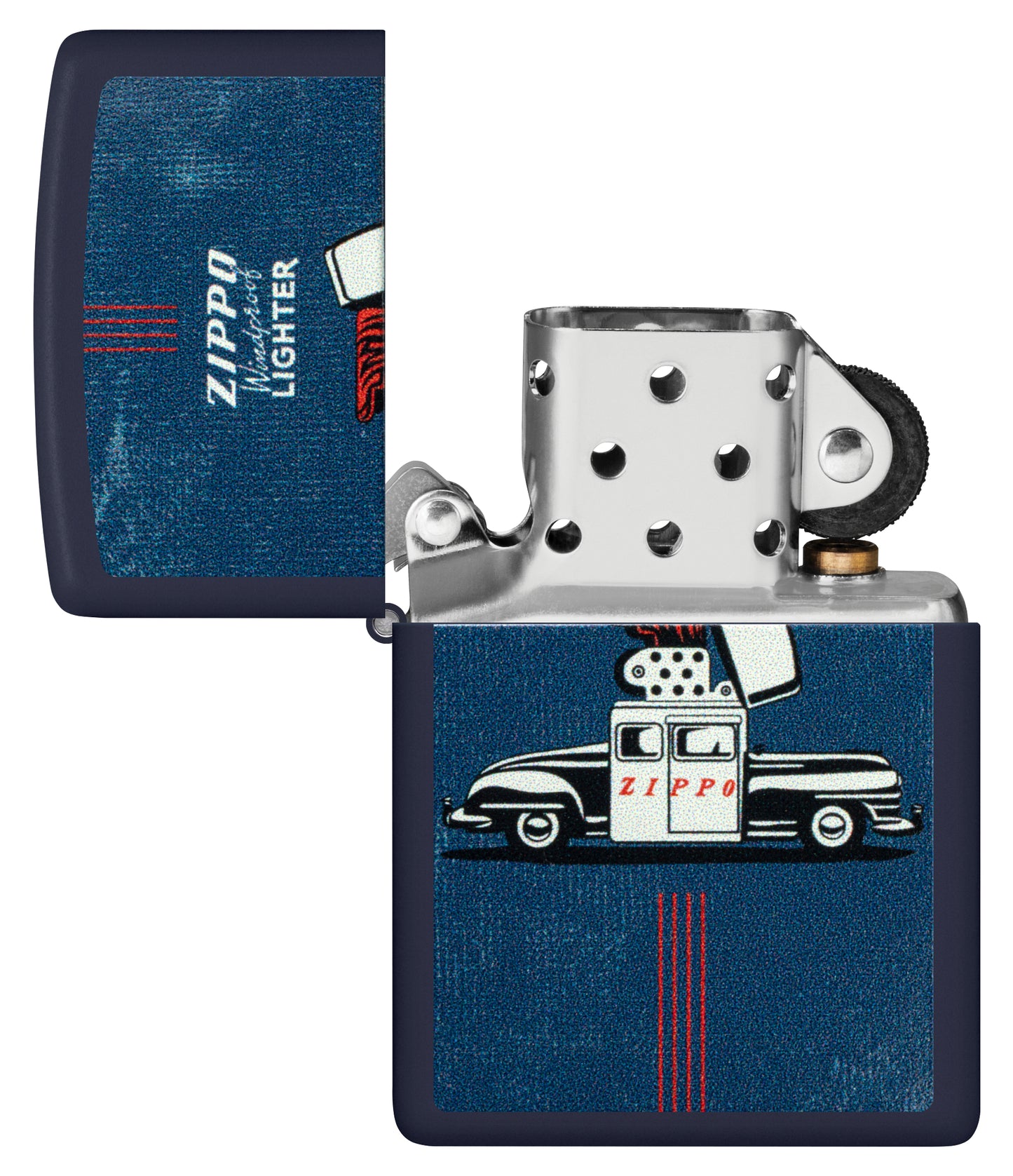 Zippo Vintage Zippo Car Design Navy Matte Windproof Lighter with its lid open and unlit.