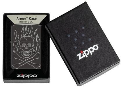 Zippo Flaming Skull Design Armor® High Polish Black Windproof Lighter in its packaging.