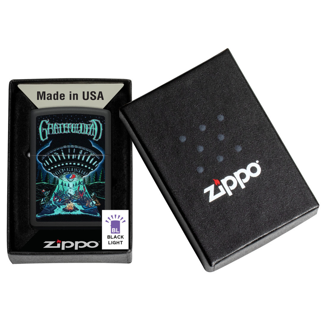 Zippo Grateful Dead Black Light UFO Design Black Matte Windproof Lighter in its packaging.