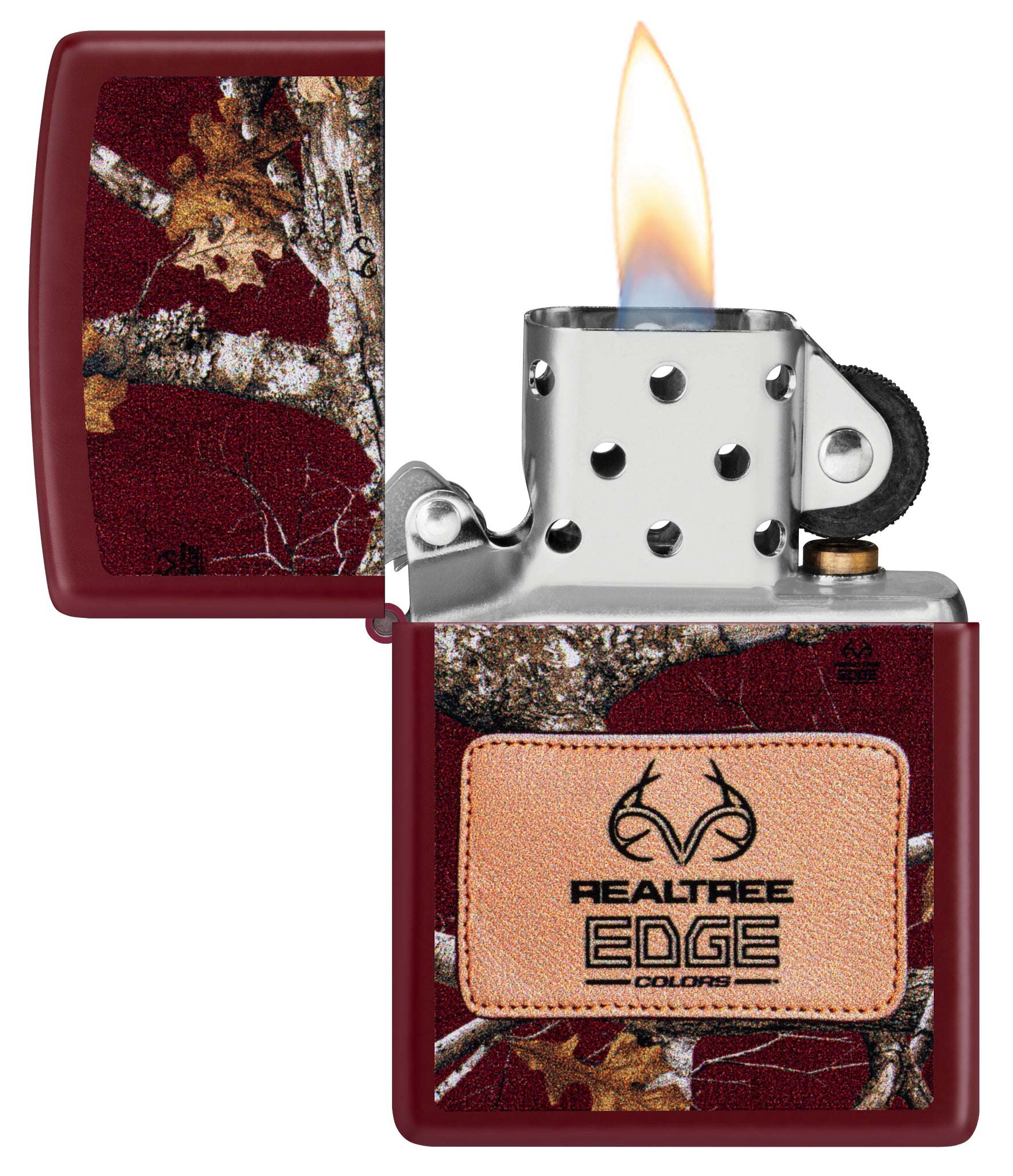 Zippo Realtree® Edge® Colors Design Merlot Windproof Lighter with its lid open and lit.